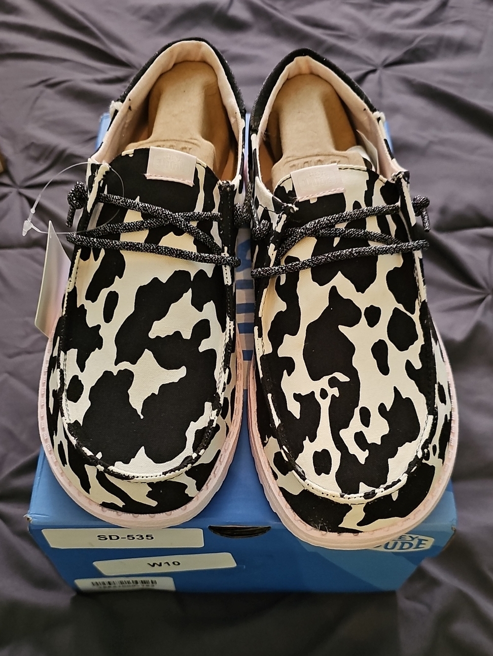 Women's Hey Dude Black & White Pink And Sparkle Cow Print Casual Shoes